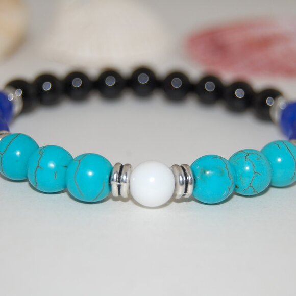 Turquoise Bracelet,Onyx and Turquoise Beads,Blue and Black,8mm Beads - Picture 1 of 2